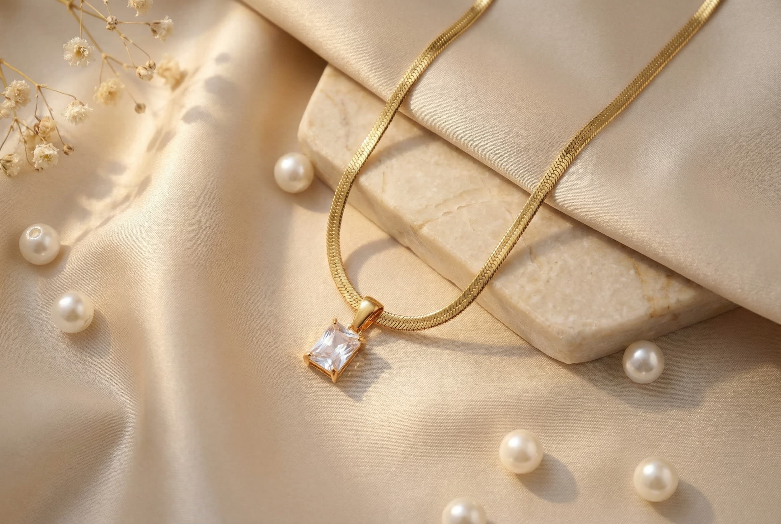 Emerald Glow Rectangle Pendant Necklace