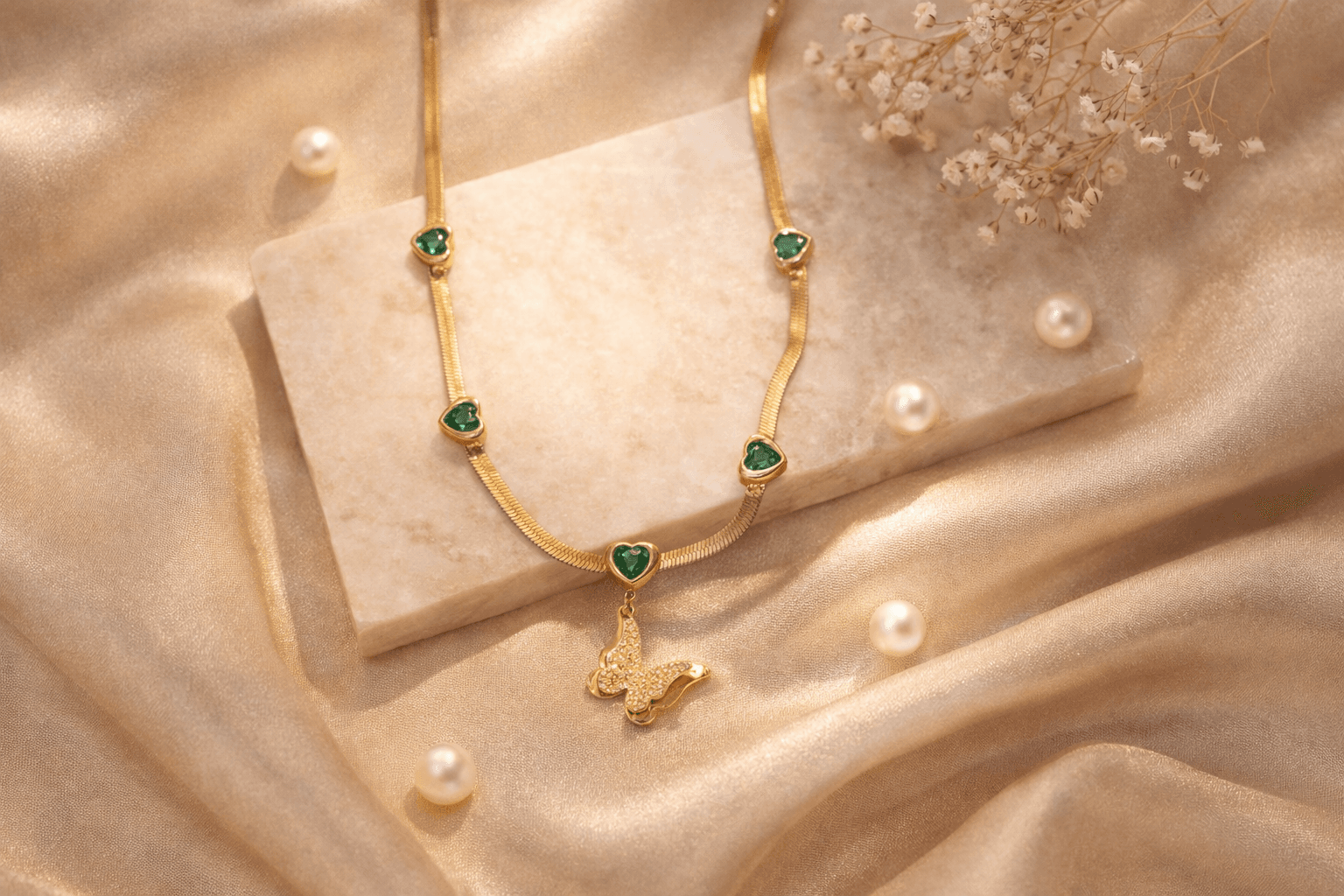 Emerald Butterfly Charm Necklace