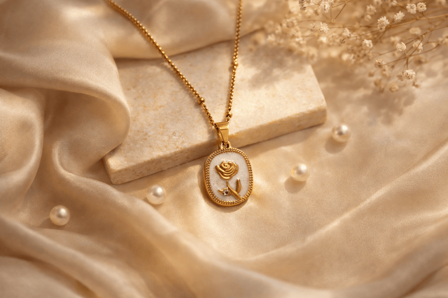 Golden Bloom Oval Pendant Necklace
