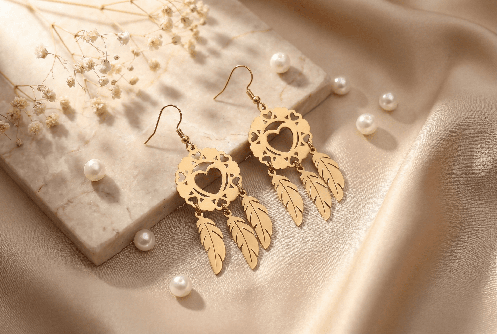 Celestial Heart Feather Drop Earrings