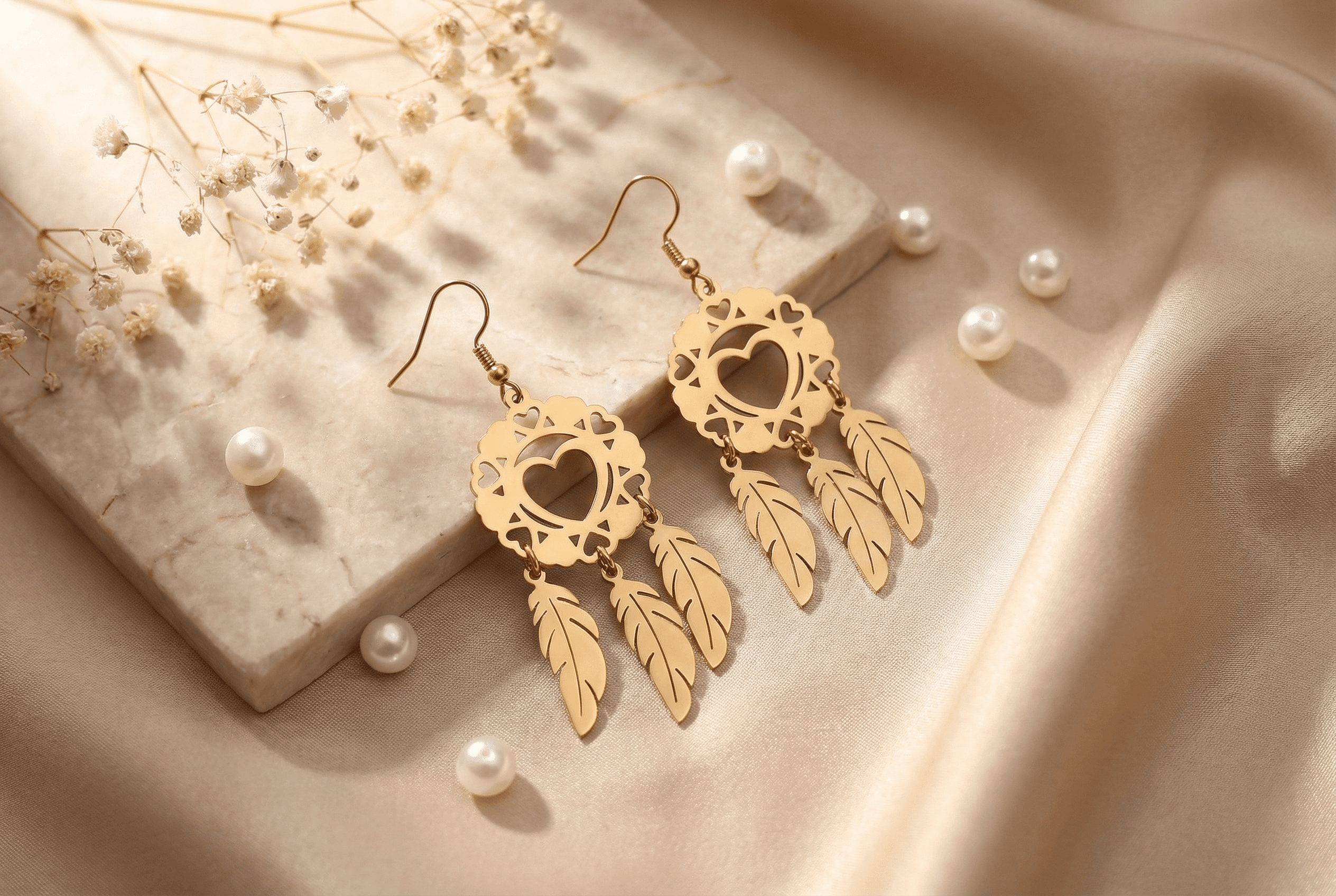 Celestial Heart Feather Drop Earrings