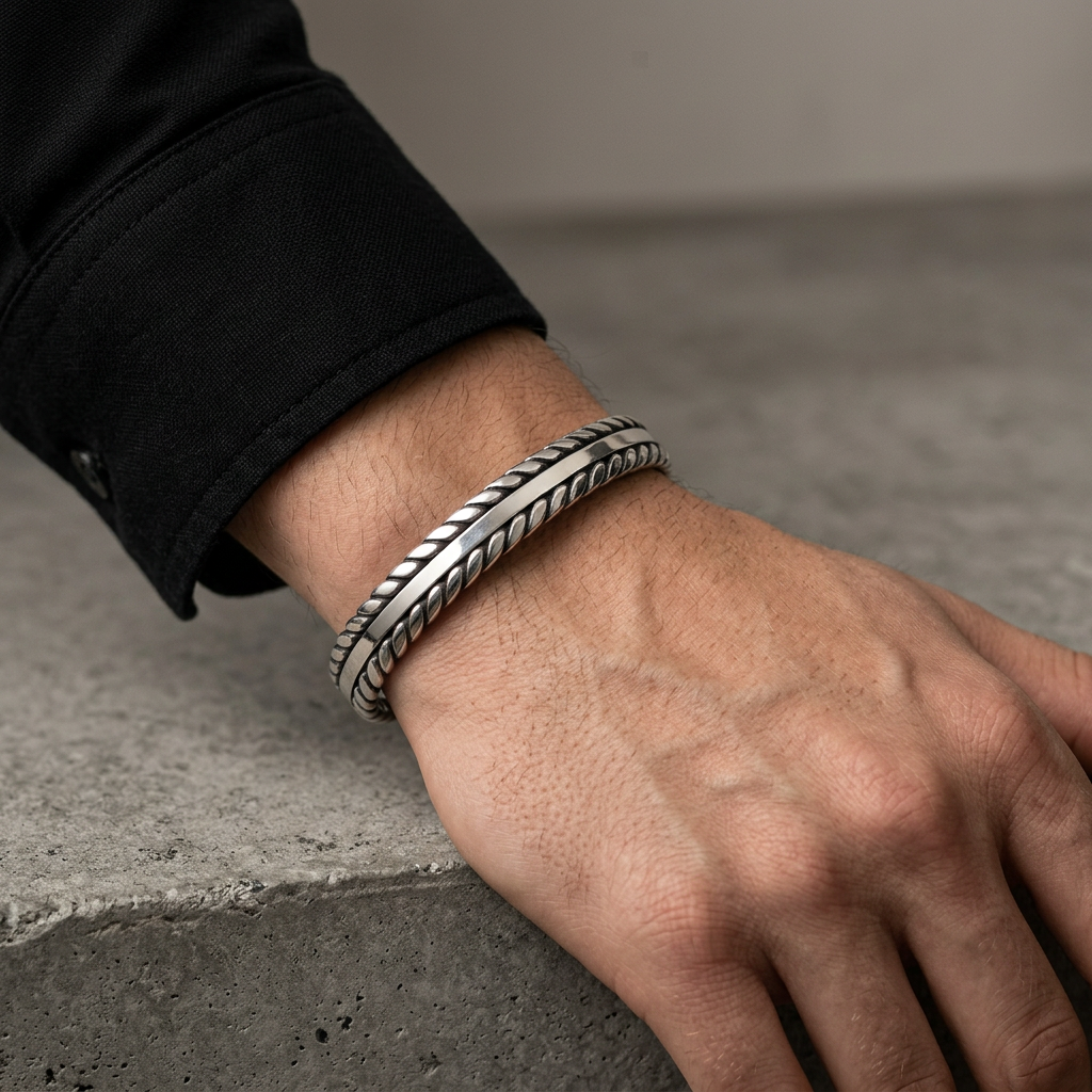 BLK Rope Edge Steel Cuff Bracelet